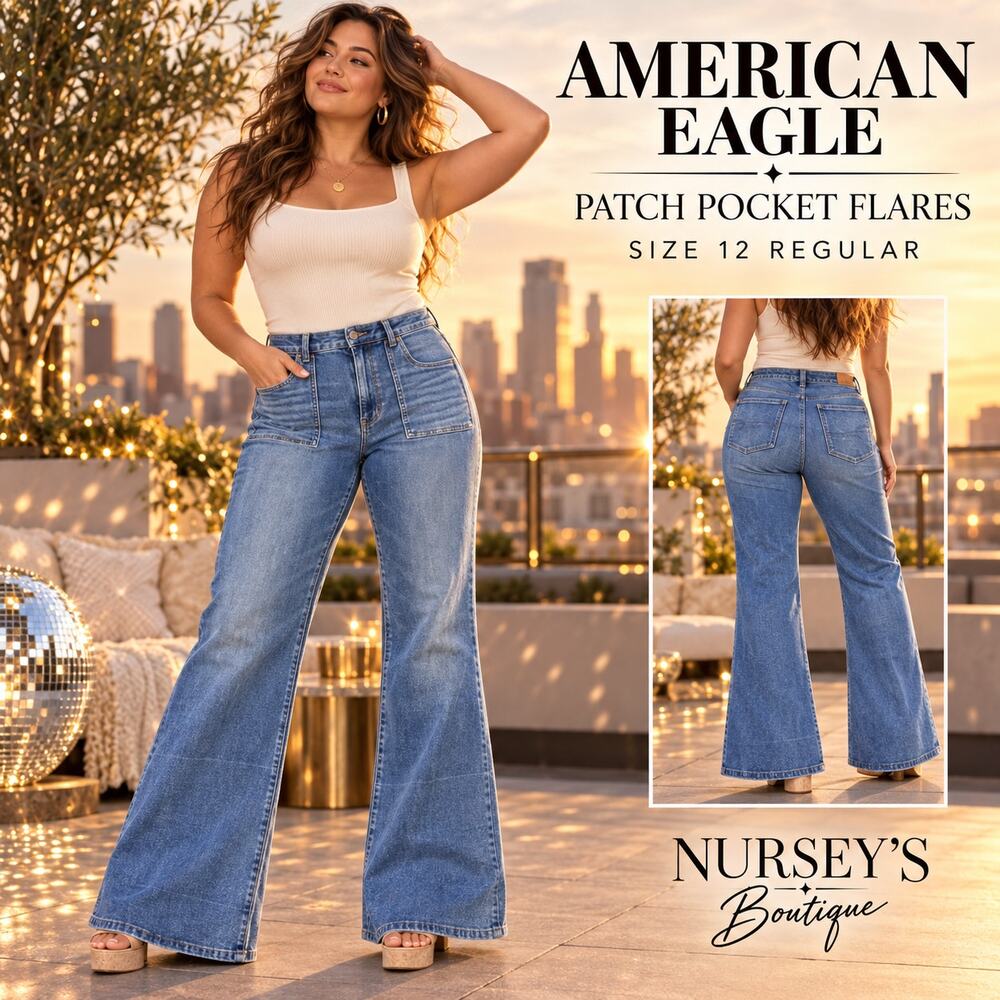 American Eagle Flare Jeans Women’s 12 Regular High Rise Patch Pocket Stretch